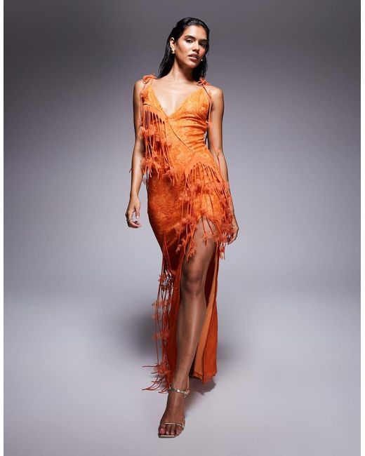 ASOS Orange Lace Plunge Cami Maxi Dress With 3D Florals And Fringing