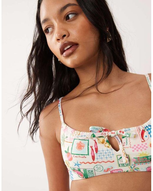 Accessorize Brown Postcard Print Ruched Bikini Top