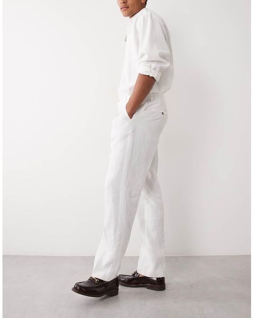 Mango White 100% Linen Front Pleat Trousers for men