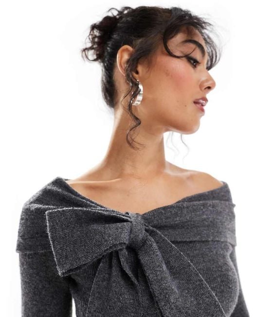 Pretty Lavish Gray Bardot Bow Knitted Top