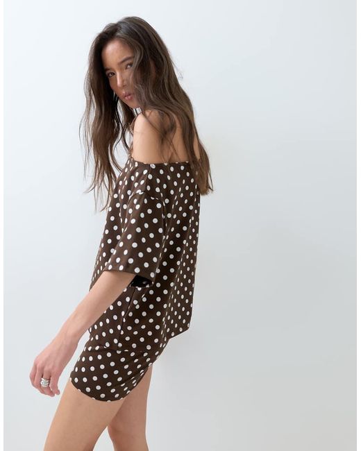 ASOS Brown Polka Dot Off Shoulder Top Co-ord