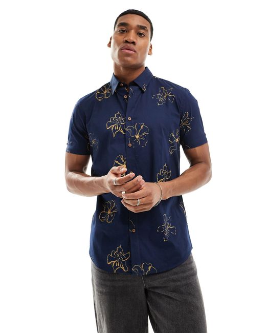 Ben Sherman Blue Short Sleeve Linear Floral Print Shirt for men