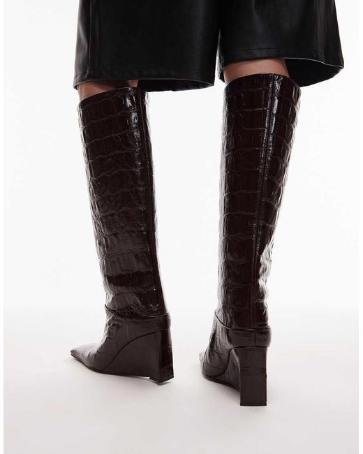 ASOS Black Clarissa Premium Leather Wedge Pull On Boots With Chisel Toe