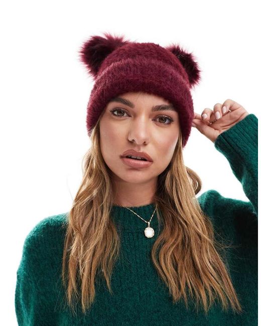 ASOS Beanie Van Dubbele Pompon Van Imitatiebont in het Red