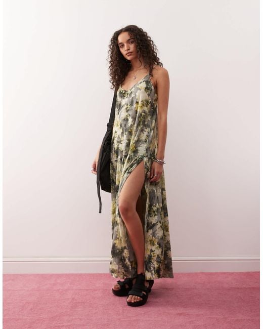 Monki Pink Crinkled Tiered Floaty Maxi Dress With Low Tie Back Detail