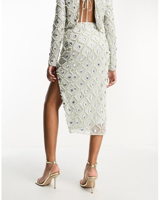 ASOS Natural Embellished Sequin And Pearl Midi Skirt With Split Detail Co-ord