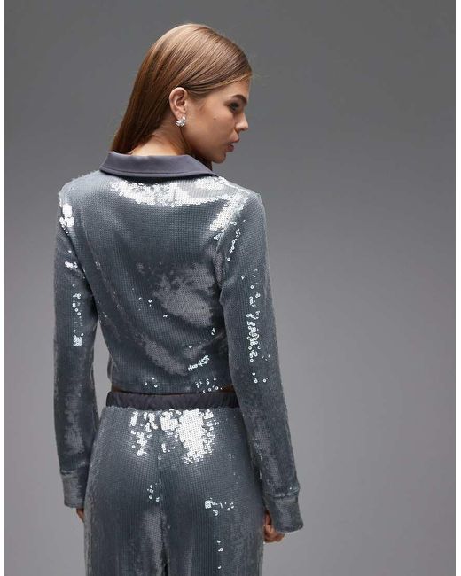 ASOS Gray Co-Ord Glass Sequin Shirt With Contrast Collar