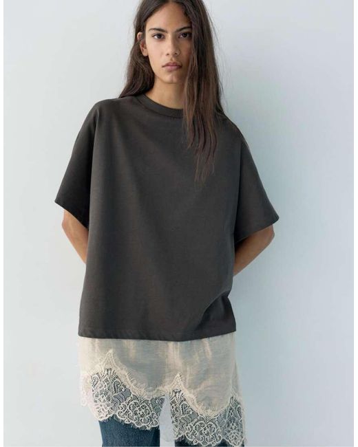 Pull&Bear Gray Contrast T-shirt With Lace Hem