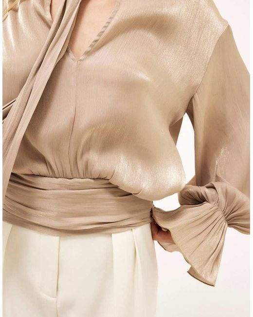 NA-KD Natural Ruched Waist Ruffle Blouse