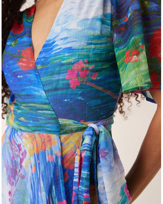 Hope & Ivy Blue Flutter Sleeve Maxi Wrap Dress