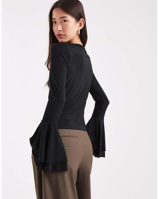 ASOS Black Premium Slinky Long Sleeve Top With exaggerated Sleeve Detail