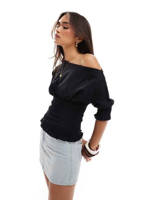 ASOS Blue Off Shoulder Shirred Detail Top