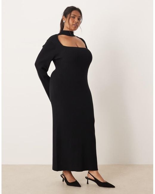 Pretty Lavish Curve Black Knitted Square Neck Choker Detail Maxi Dress