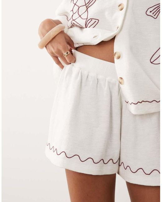 ASOS Natural Textured Jersey Short Co-Ord With Burgundy Embroidery