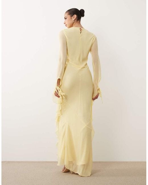 DASKA Natural Chiffon High Cowl Neck Frill Detail Maxi Dress