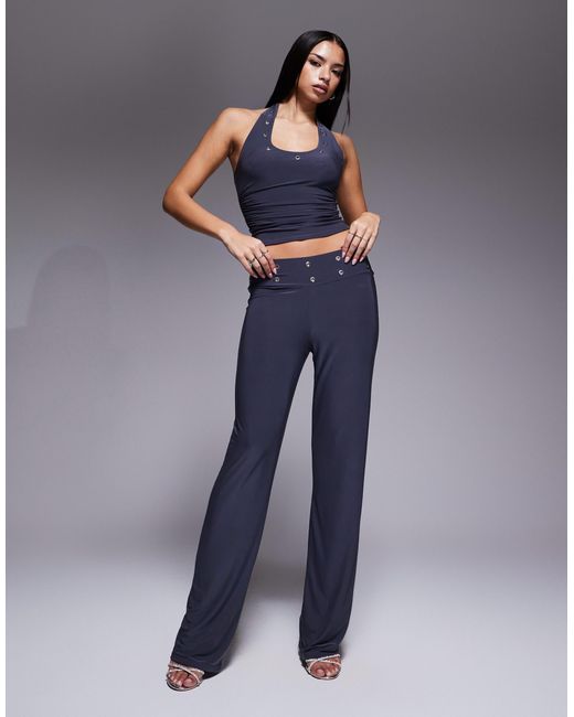 Kaiia Blue Exclusive Double Layered Slinky Eyelet Detail Scoop Halterneck Top