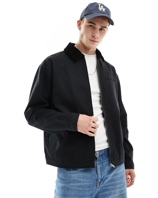 ASOS Black Oversized Washed Harrington Jacket With Cord Collar for men