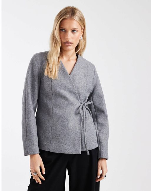 ONLY Gray Wrap Around Side Tie Structured Jacket