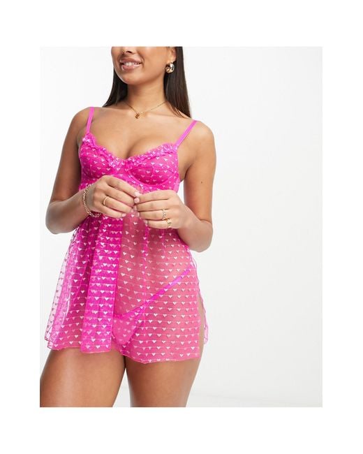 ASOS DESIGN Fuller Bust Minnie heart mesh underwire babydoll thong set in  pink