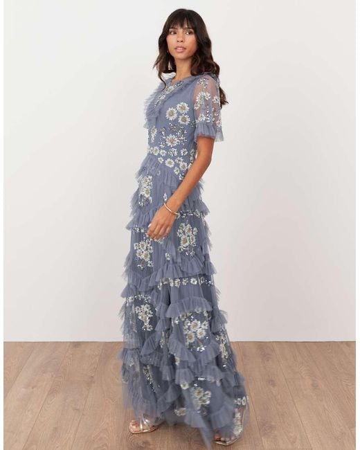 Maya White Embellished Angel Sleeve Ruffle Maxi Dress