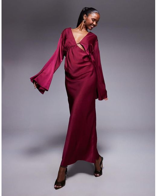 ASOS Pink Satin Asymmetric Neckline Long Sleeve Maxi Dress With Channel Detail
