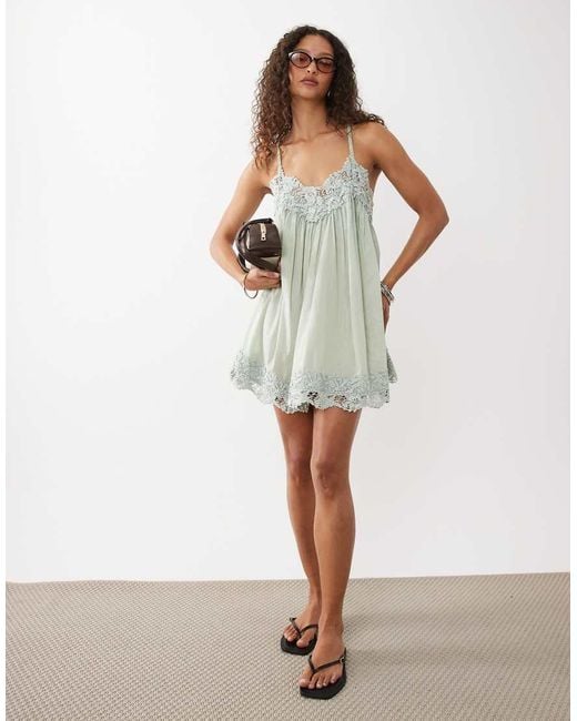 ASOS Natural V Neck Cami Mini Dress With Lace Trims