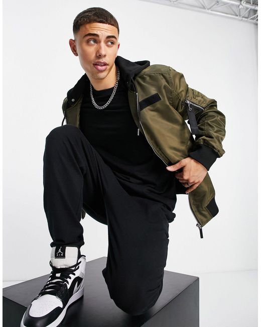 River Island Ma1 Hooded Bomber Jacket in Green for Men Lyst