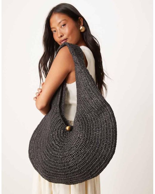 Mango Black Woven Scoop Shoulder Bag With Gold Accent