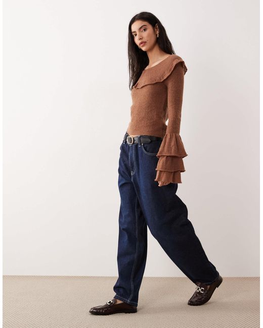 Glamorous Brown Ruffle Thin Knit Top