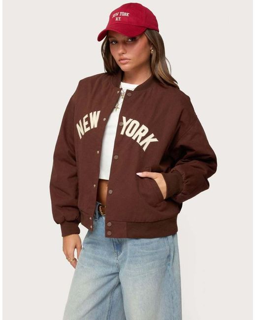 Edikted Brown Big Apple Oversized Bomber Jacket