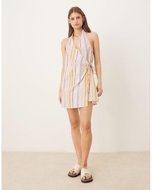 ASOS Natural Cotton Linen Blend Halter Neck Wrap Mini Sundress