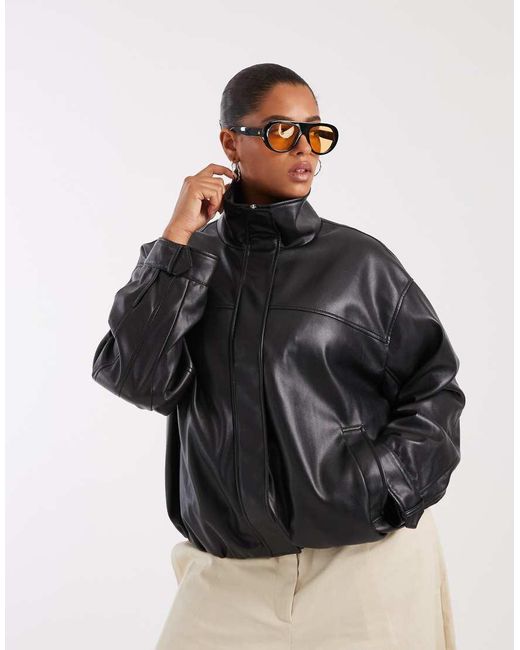 ASOS Black Asos Design Curve Clean Leather Look Funnel Track Bomber Jacket