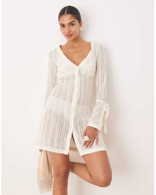 Amy Lynn Natural Embellished Knit Button Through Mini Dress
