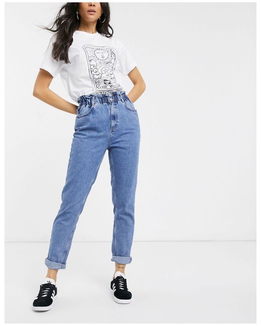 New Look Blue High Waist Paperbag Mom Jeans