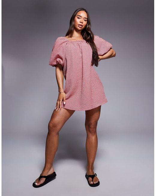 River Island Pink Gingham Puff Sleeve Mini Dress