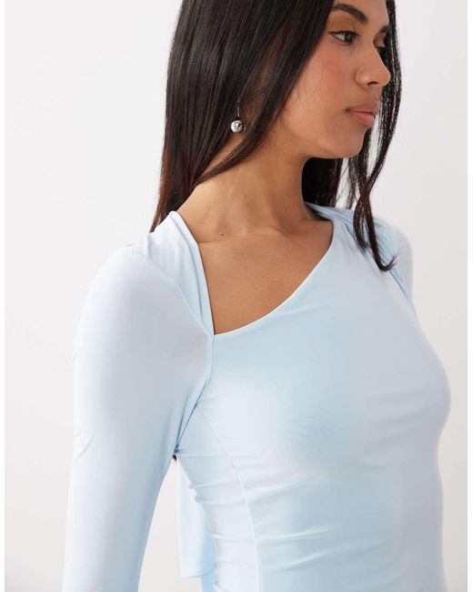 Kaiia Blue Exclusive Double Layered Slinky Cross Neck Cutout Detail Long Sleeve Skater Mini Dress