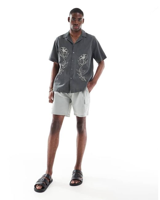 Only & Sons Gray Embroidery Detail Resort Shirt for men