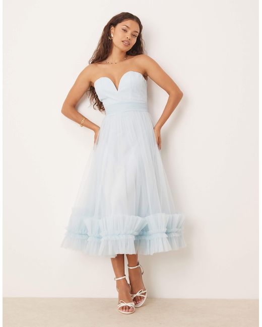 LACE & BEADS White Corset Tulle Ruffle Hem Midaxi Dress