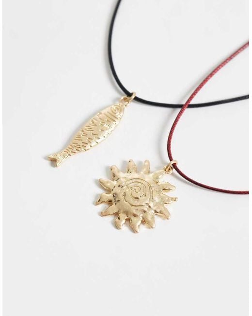 ASOS Metallic Pack Of 2 Corded Necklaces With Sun And Fish Pendants