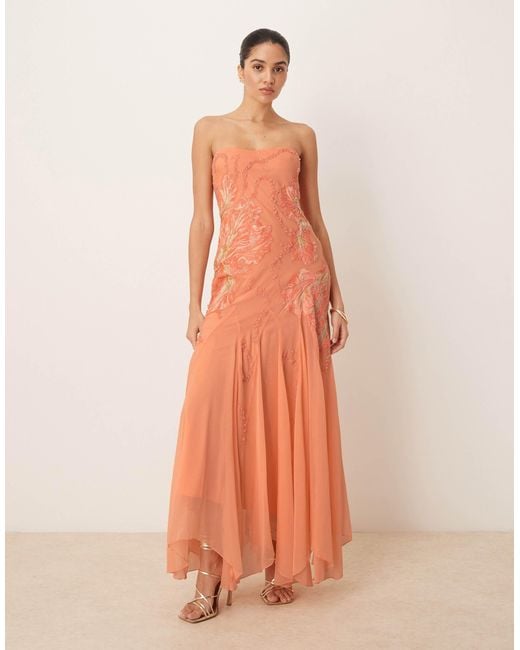 ASOS Bandeau Floral Embellished Maxi Dress in Orange | Lyst