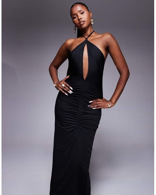 Aria Cove Blue Ruched Cut Out Front Halterneck Maxi Dress