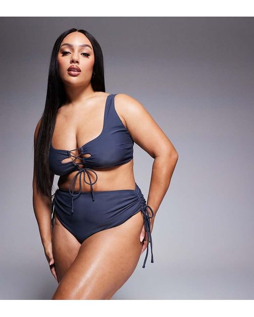 ASOS Blue Asos Design Curve Sierra High Waist Bikini Bottom With Ties