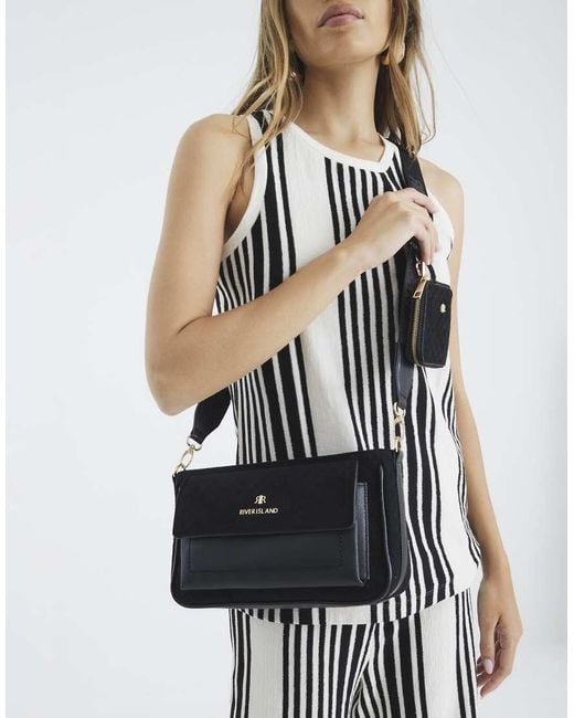 River Island Black Monogram Faux Suede Cross Body Bag