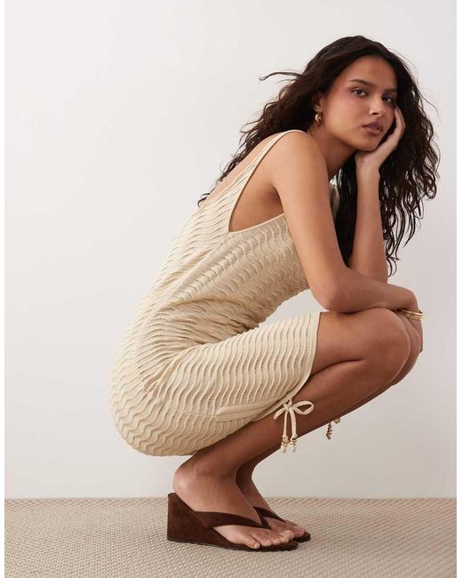 Miss Selfridge Natural Textured Glitter Knit Ruched Cowl Neck Mini Dress