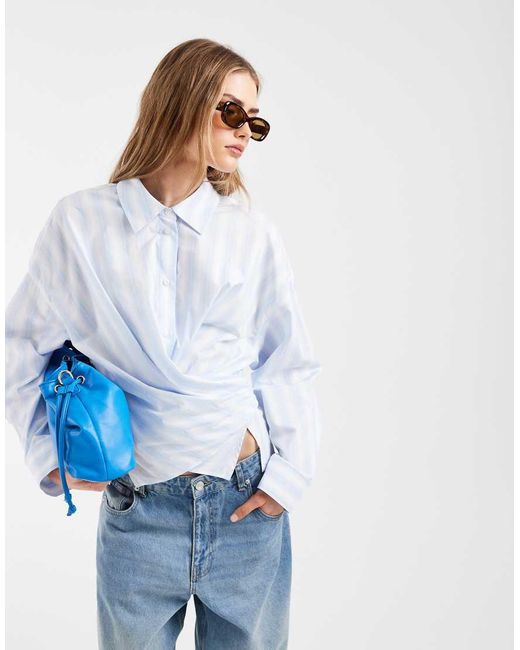 & Other Stories Blue Cotton-rich Front Tie Ruched Wrap Shirt