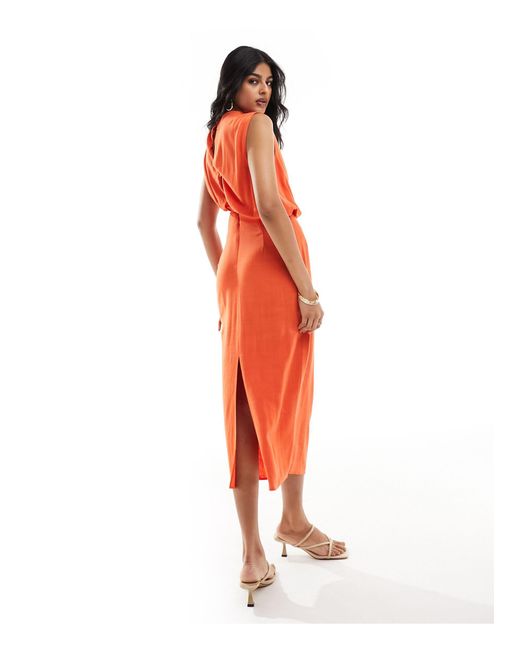 ASOS Orange Linen Look Sleeveless Midi Dress With Cut Out Waist Detail