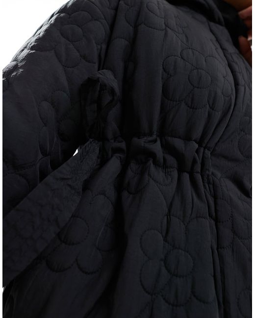 Wednesday's Girl Blue Flower Quilted Cinch Waist Puffer Jacket