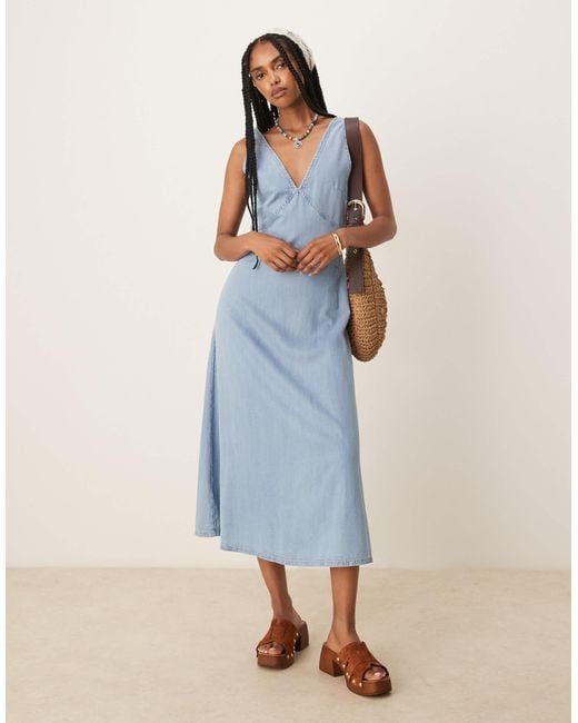 Mango V-neck Soft Denim A-line Midaxi Dress in Blue | Lyst