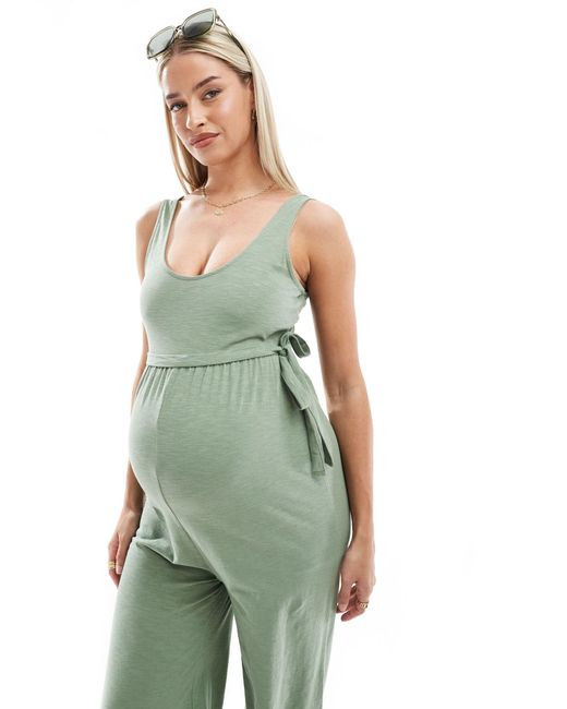 Mama.licious Green Mamalicious Maternity Belted Jersey Jumpsuit With Wide Leg