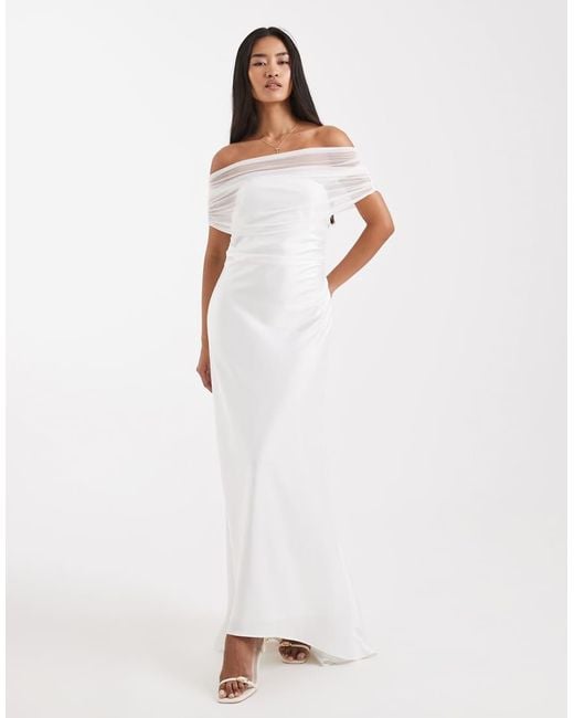 Six Stories White Bridal Off The Shoulder Mesh High Low Hem Maxi Dress